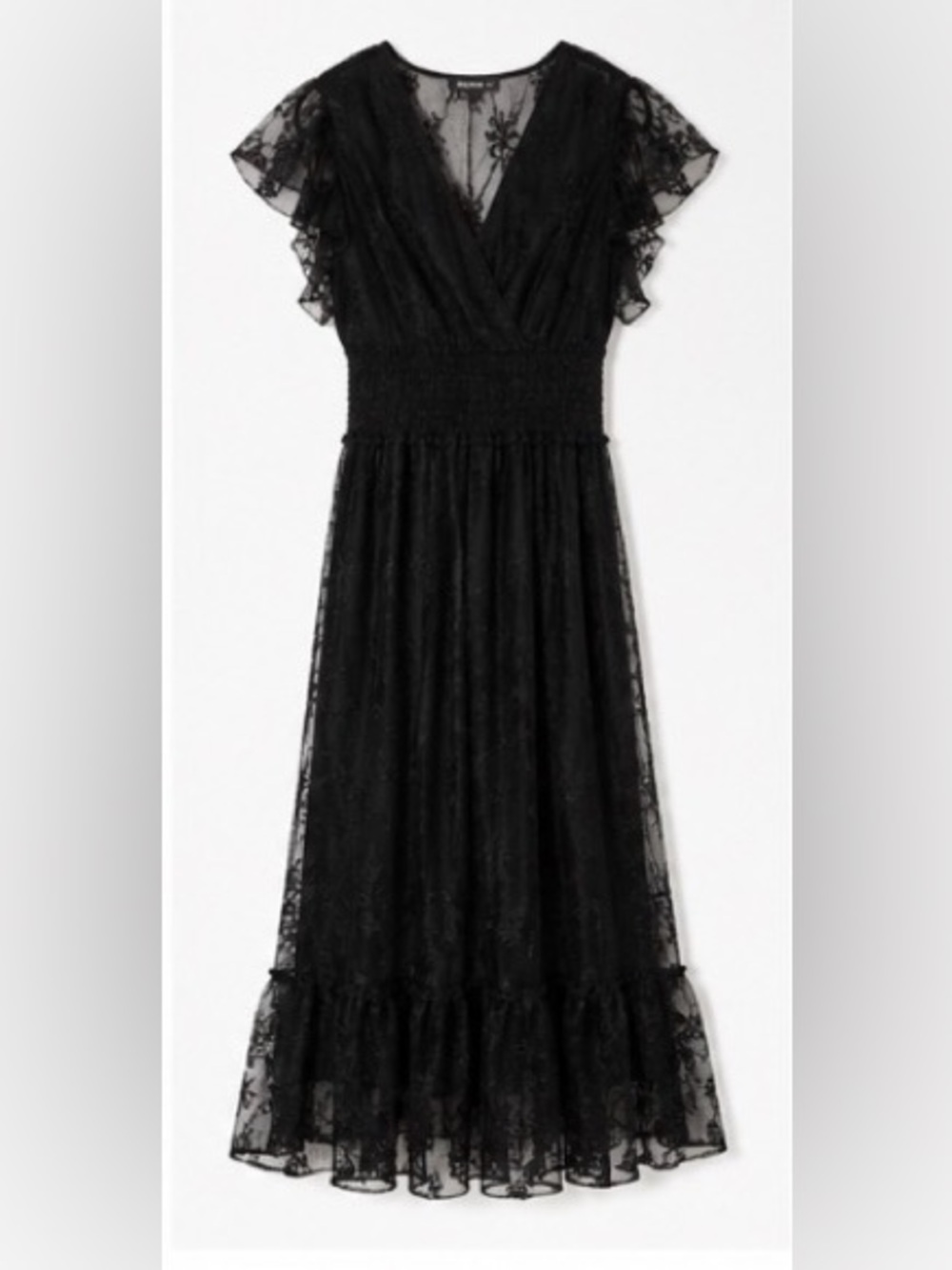 OMBRA USA Black Lace Embroidered Flutter Sleeve Midi Dress NWOT - Picture 2 of 5